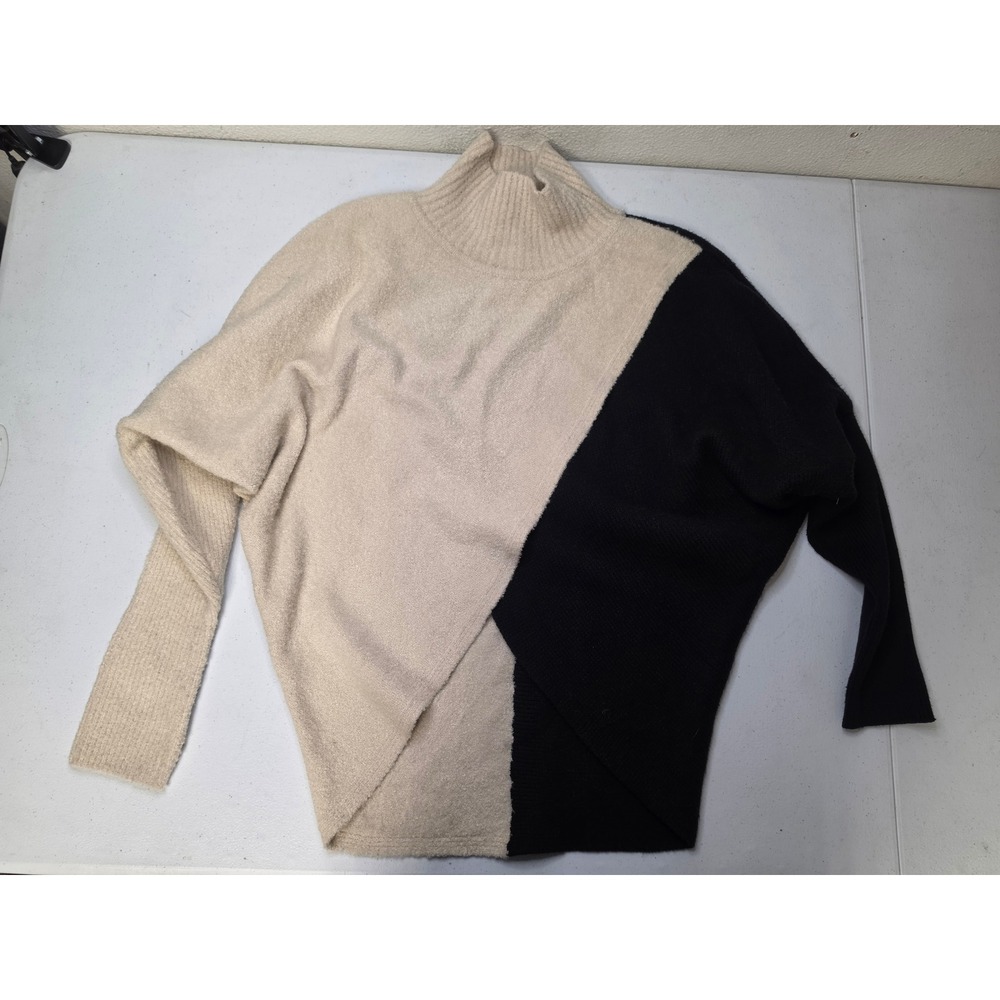 Revel Womens Colorblock Mock Neck Asymmetrical Boucle Sweater Cream Black S